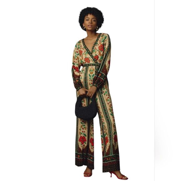 FARM Rio Pants - NWT Farm Rio x Anthropologie Floral Wrap Jumpsuit Black Motif Size S